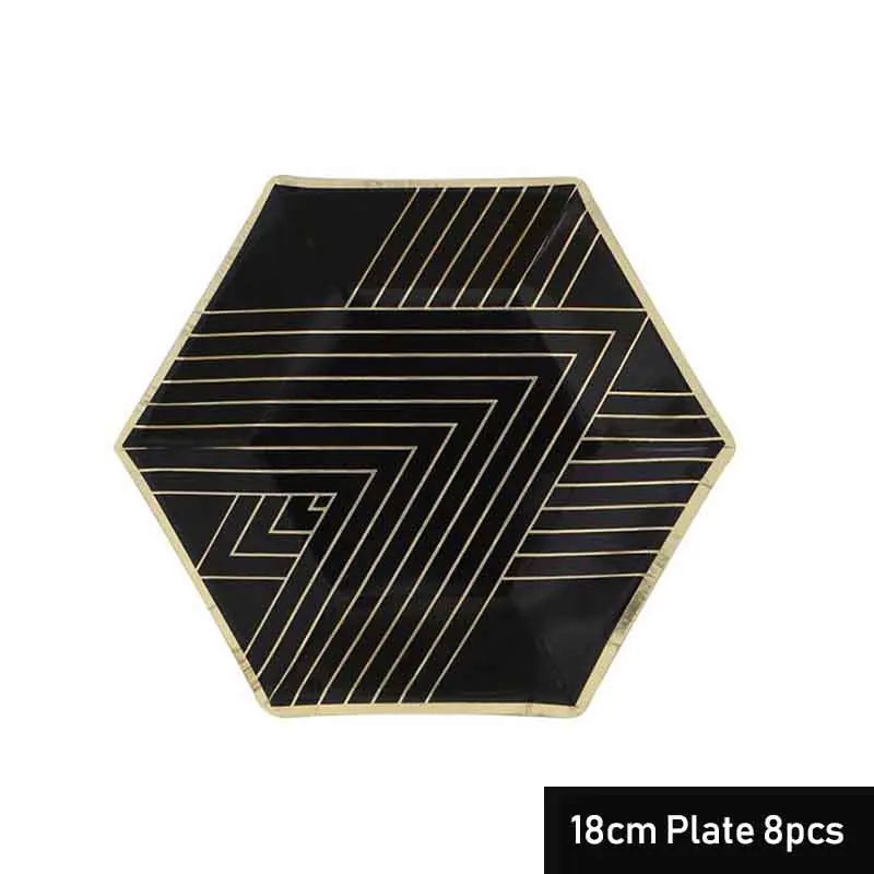 18cm Plate 8pcs Золотой черный одноразовый набор посуды бумажные тарелки для вечеринки салфетки чашки соломки для дней рождения вечерние Свадебный Рождественский Декор вечерние принадлежности - Цвет: 18cm Plate 8pcs