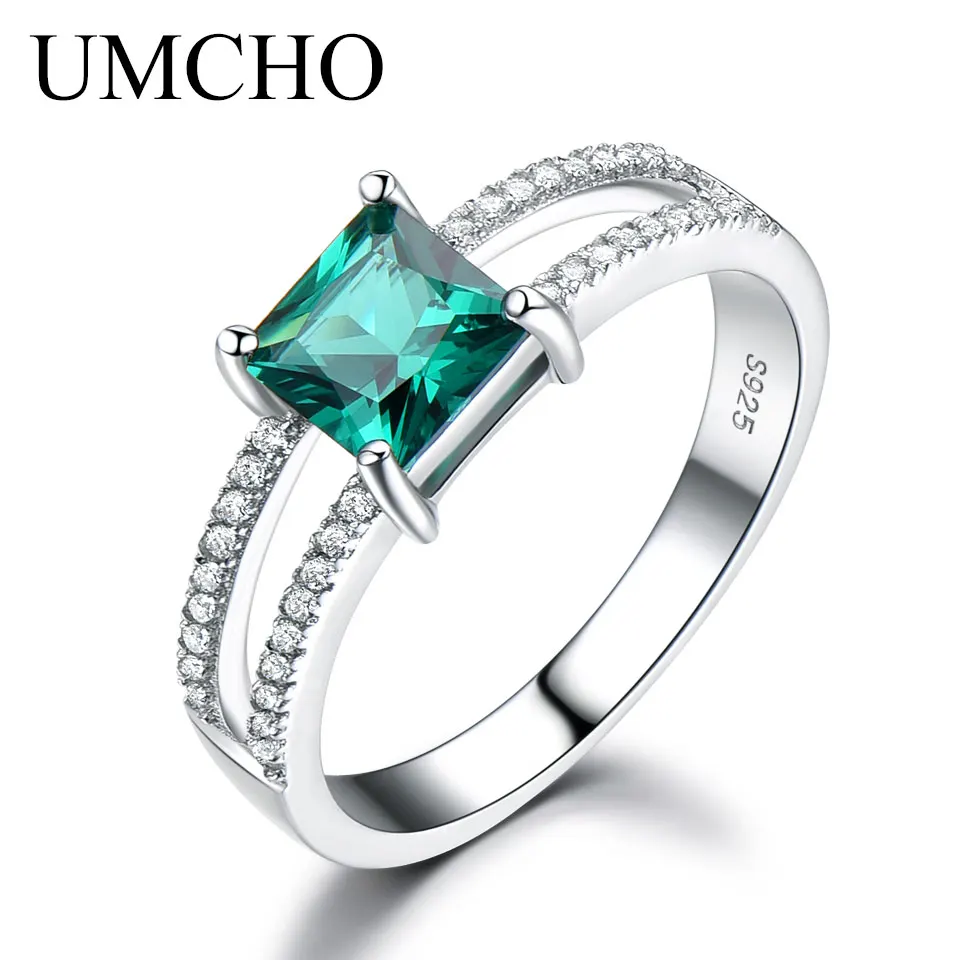 Emerald UMCHO Твердые 925 пробы серебряные ювелирные изделия квадратный создан нано изумруд классические кольца для женщин Свадебная вечеринка подарок хорошее ювелирное изделие - Цвет камня: Emerald