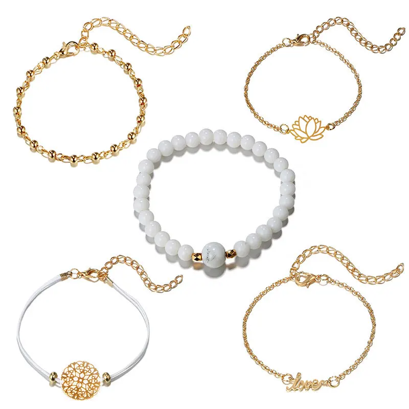 Модный браслет 5 шт./компл. золотые полые браслеты с лотосом и надписью Love белые