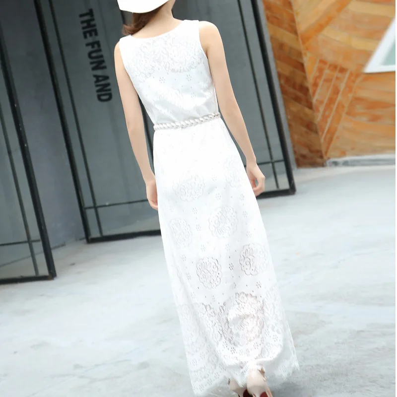 Богемное Новое цветочное кружевное платье без рукавов модное тонкое белое