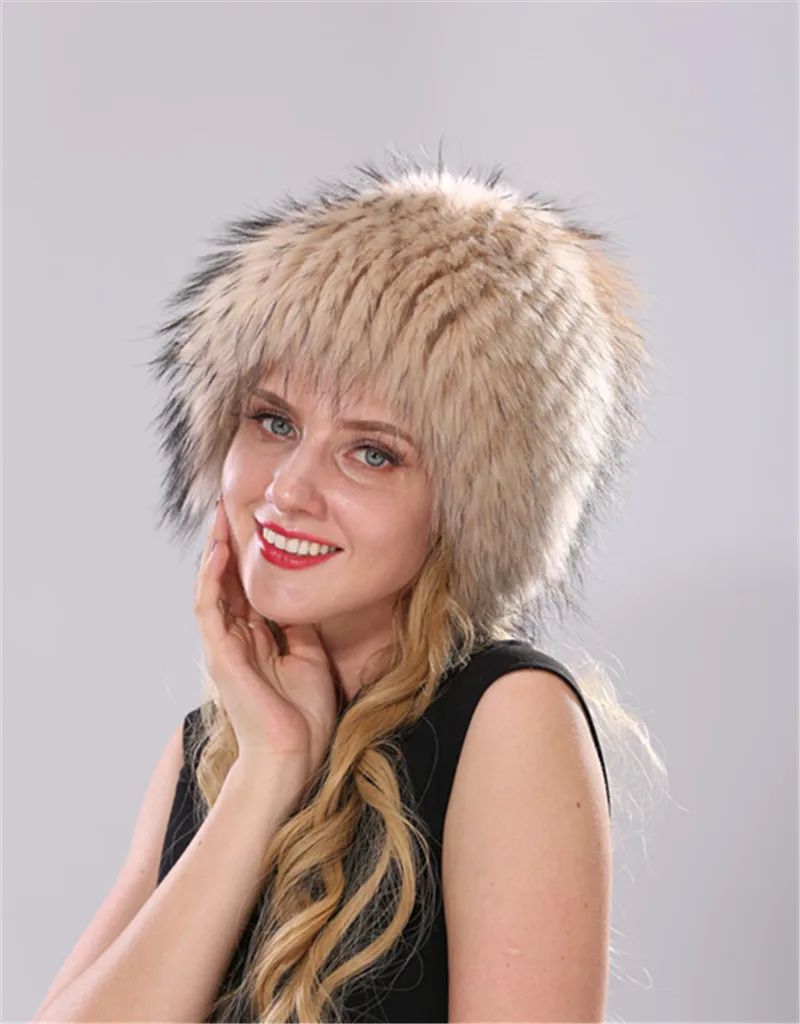 

Fur hat female winter high quality raccoon fur mask hat thicker stretch hat
