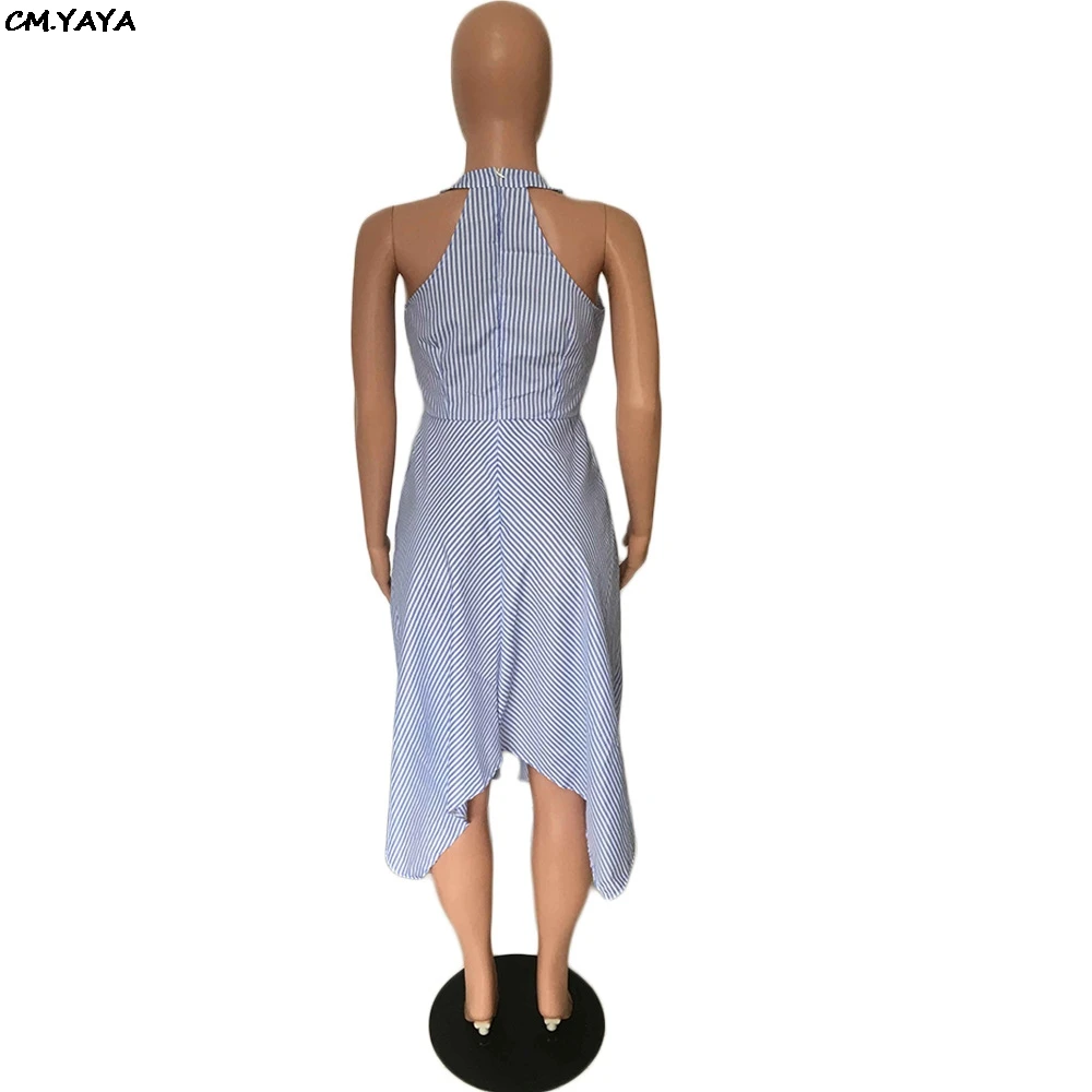 Женское летнее платье 2019 с полосатым принтом и вырезом на шее, без рукавов, с высокой талией, большим круговым подолом и неправильным краем до колен Vestidos A8067 On.