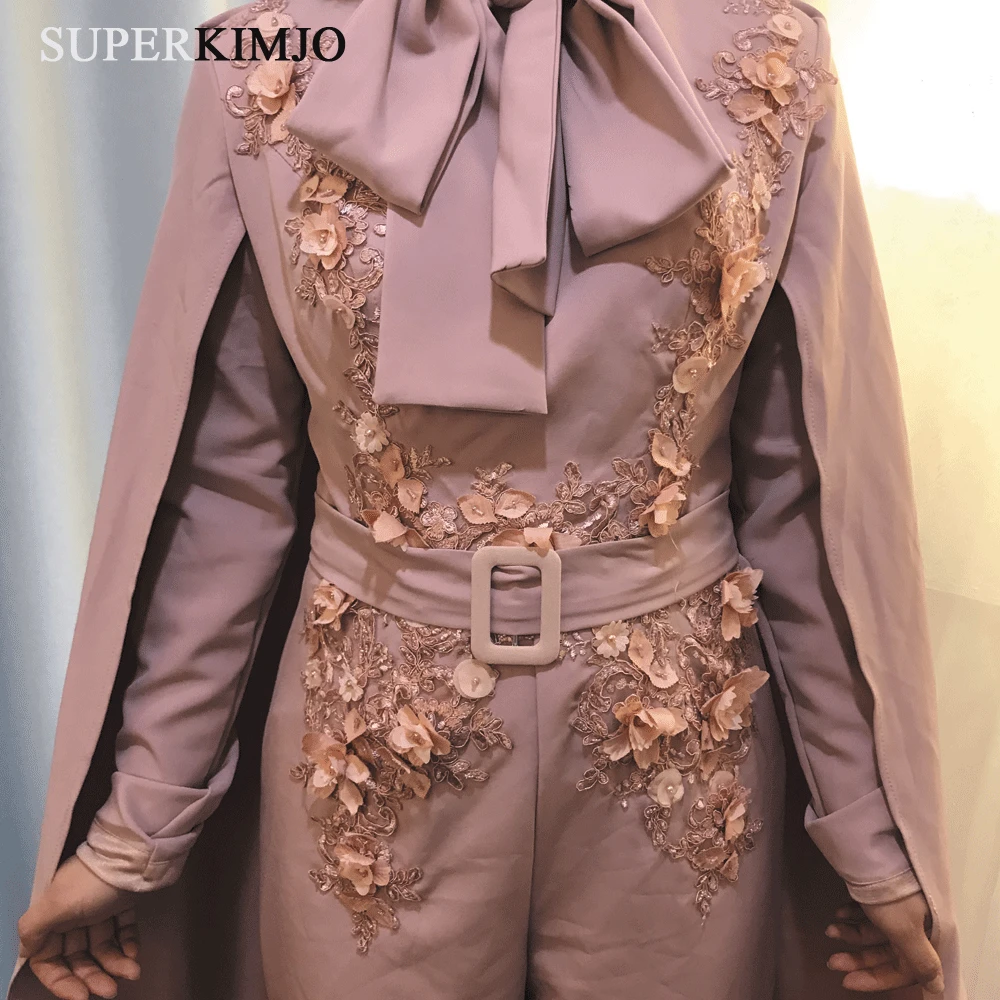 SuperKimJo настоящие фото Комбинезоны для женщин с кружевной аппликацией из бисера пыльно-розовые брюки для вечеринок Vestidos Elegantes