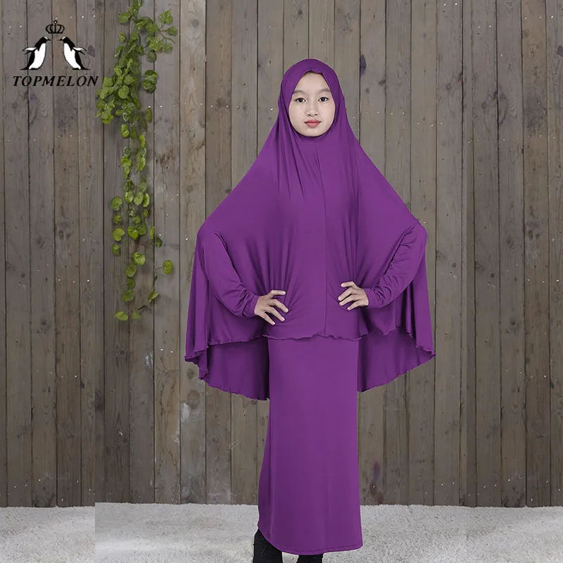 Фиолетовый TOPMELON традиционные abaya хиджаб халаты для девочек из двух частей мусульманская молитва одежда Дети Твердые свободные большие abaya s - Цвет: Фиолетовый