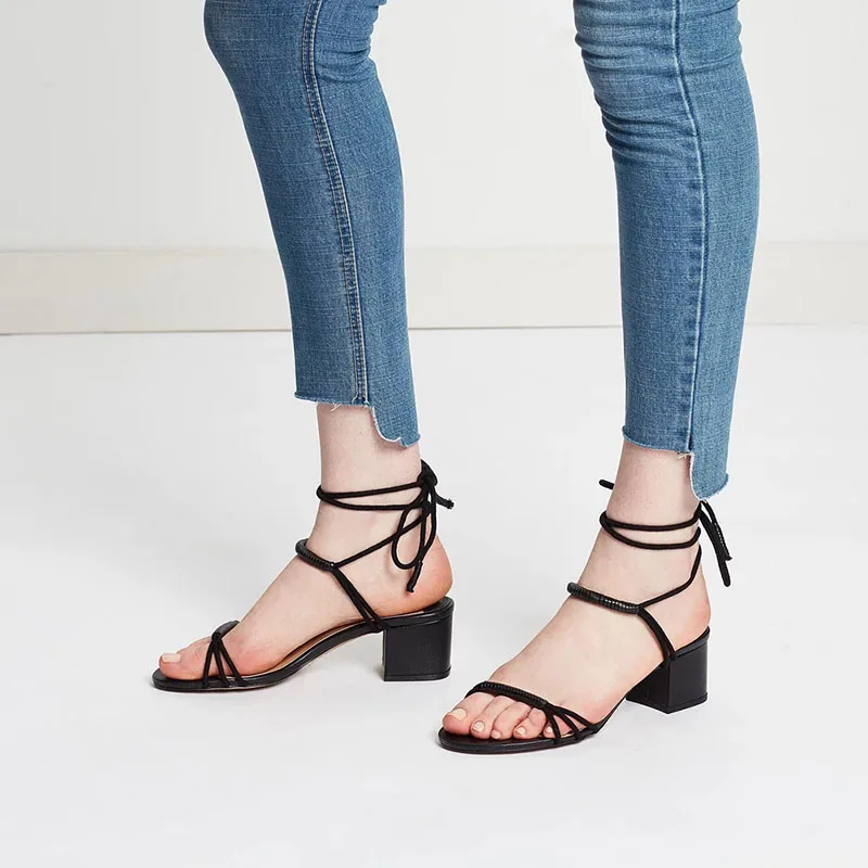 Harga Black Flock Sandal Bertali Kasual Untuk Wanita 2021 Sepatu Tali Pergelangan Kaki Wanita Hak Tinggi Santai Pesta Kantor Wanita