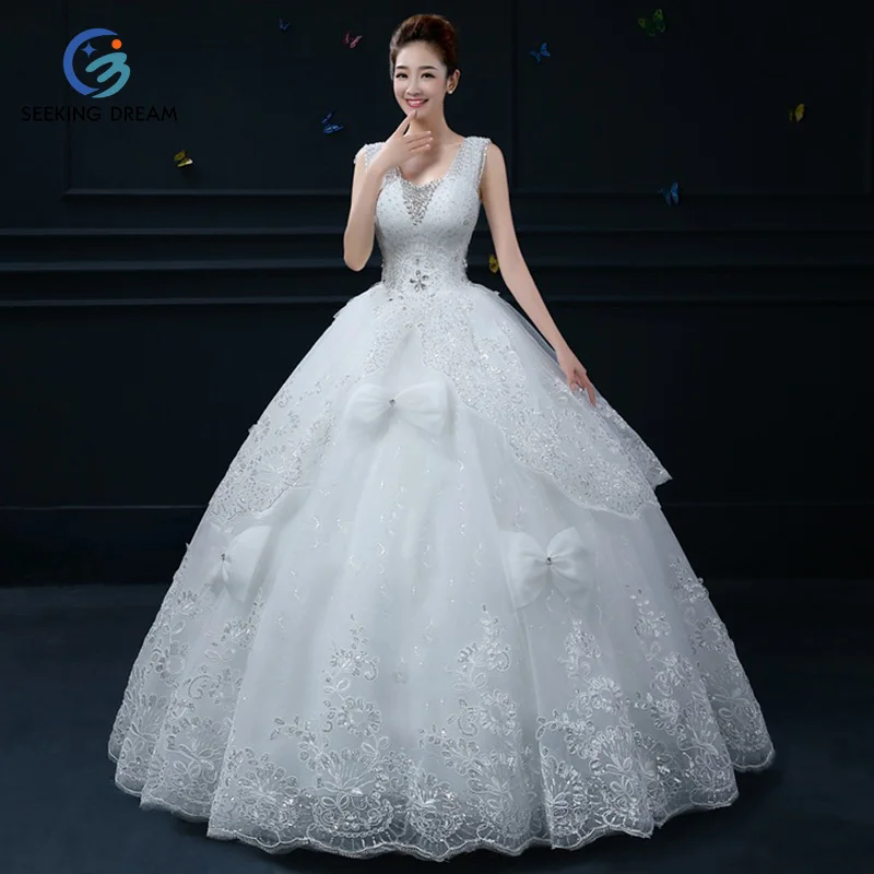 2017 Hot Off-White Sexy V-Neck Crystal Wedding Dress Ball Gown Flower Lace Pregnant Bride robe de mariage Plus Size NN002 | Свадьбы и