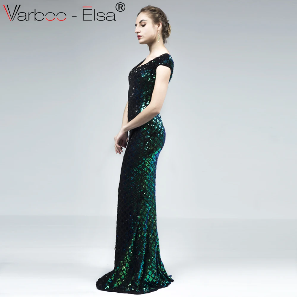 VARBOO_ELSA зеленое блестящее вечернее платье с v-образным вырезом 2018 Дешевое расшитое
