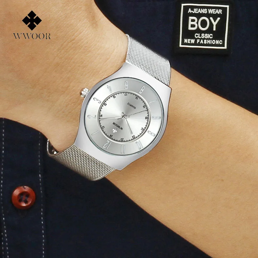 Элитный бренд WWOOR часы Для мужчин кварц Нержавеющая сталь серебристый сетчатый