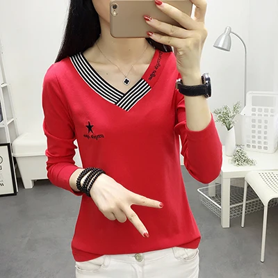 Shintimes Blusas Mujer De Moda осенние повседневные женские топы и блузки с вышивкой, блуза с длинным рукавом и v-образным вырезом, женская одежда - Цвет: red t shirt