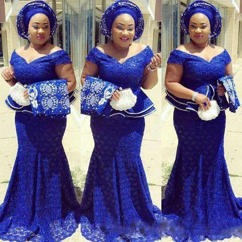 

2019 Robe de Soiree African Mermaid Prom Dresses Navy Blue Lace Peplum Ruffled Train Long Evening Party Dress vestidos abiye