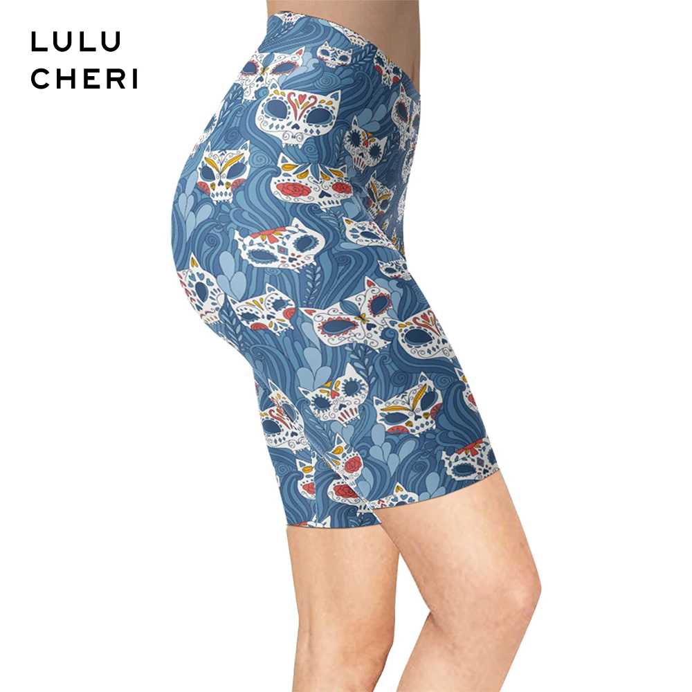 Женские короткие леггинсы со скелетом летние мягкие с принтом сахарных роз и
