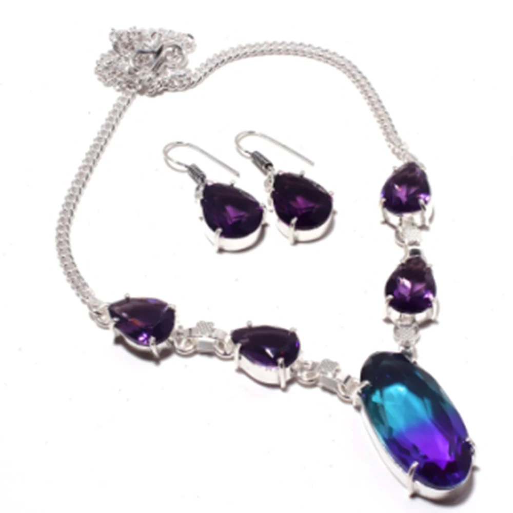 

Bi-Color,Amethysts Necklace Earing Silver Overlay over Copper , 44cm, FRN0023