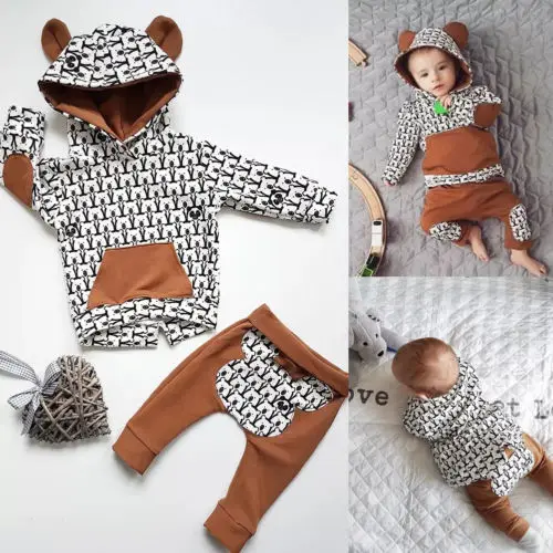 Autumn Winter Newborn Baby Boy Girl Unisex Animal Bears Print Long Sleeve Hoodie Tops Long Pants 2PCS Outfit Cute Set 0-24M