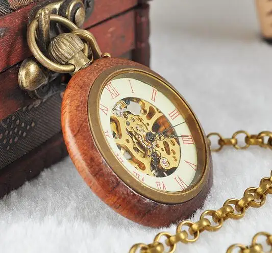wholesale price good quality antique vintage classic gift for men wood brass case short chain mechanical pocket watch PJX1041 | Наручные