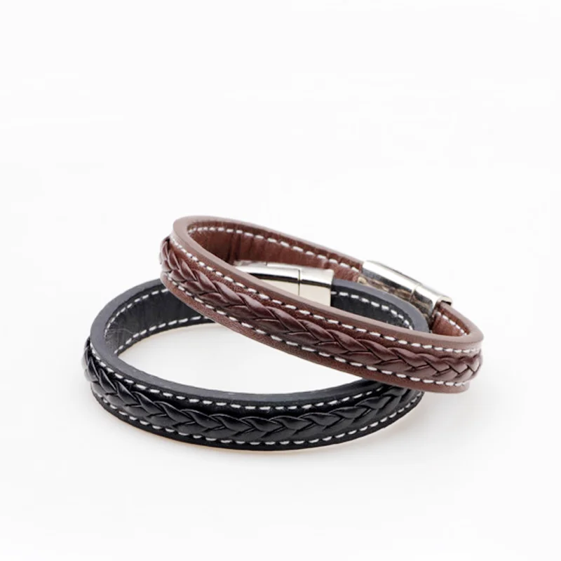 Vintage Black Brown Genuine Leather Bracelet Men Magnet Clasp Stainless Steel Cuff Bracelets Bangles Male Fashion Jewelry|leather bracelet|leather