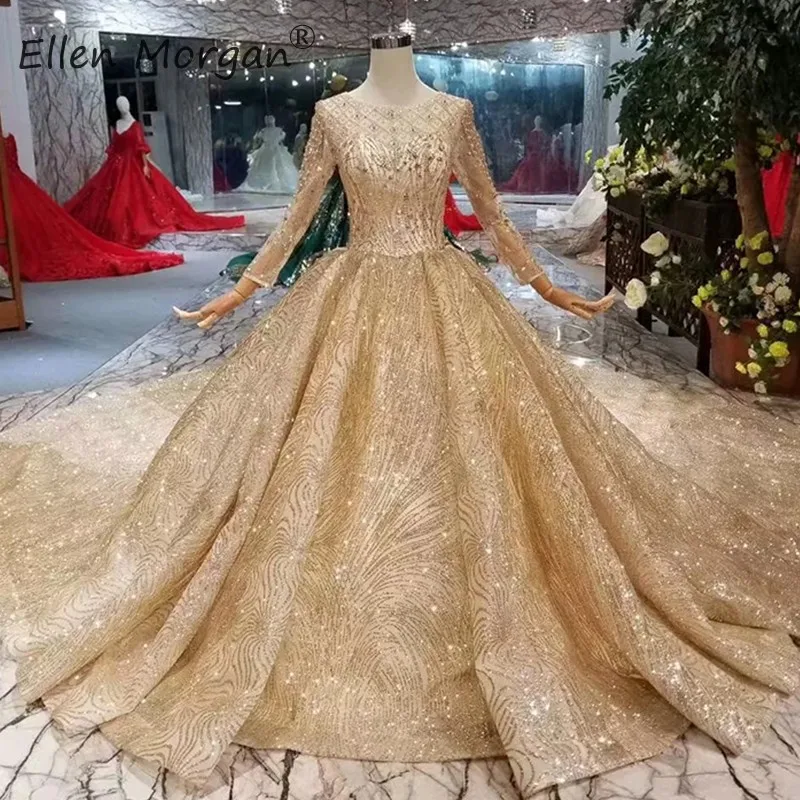 Luxury Glitter Vintage Gold Wedding Dresses Long Sleeves 2019 Sheer Boat Neck Sequins Beads Ball Gown Arabic Bride Gowns | Свадьбы и