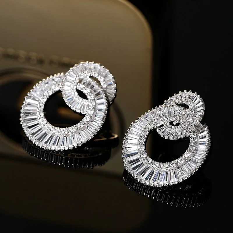 Женские сережки гвоздики с двойным круговым поперечным дизайном из циркония