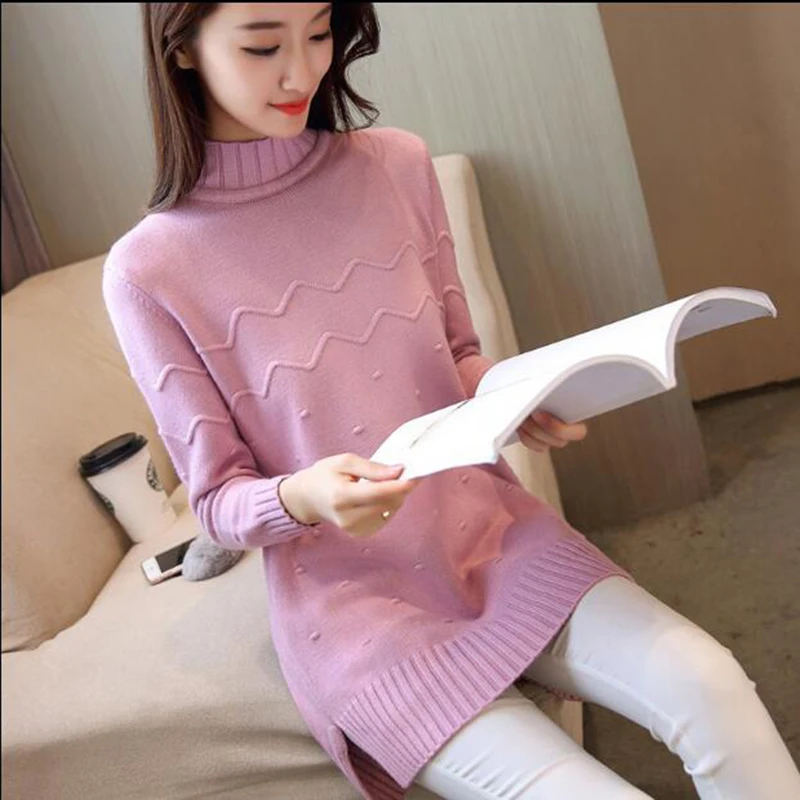 2018 Women's Spring Half Turtleneck Sweater Long Loose Bottom Knit Yellow Gray Apricot Pink Elegant Warm Outside | Женская одежда