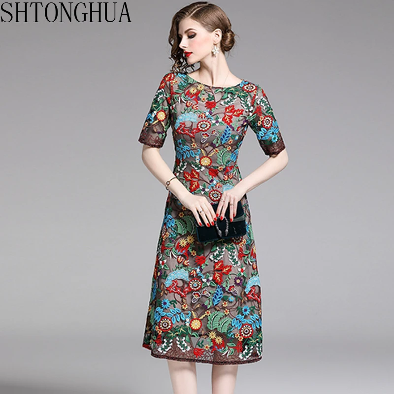 SHTONGHUA/роскошное Брендовое женское платье; новое летнее платье с коротким рукавом и цветочной вышивкой; платье миди высокого качества; элегантные винтажные вечерние платья
