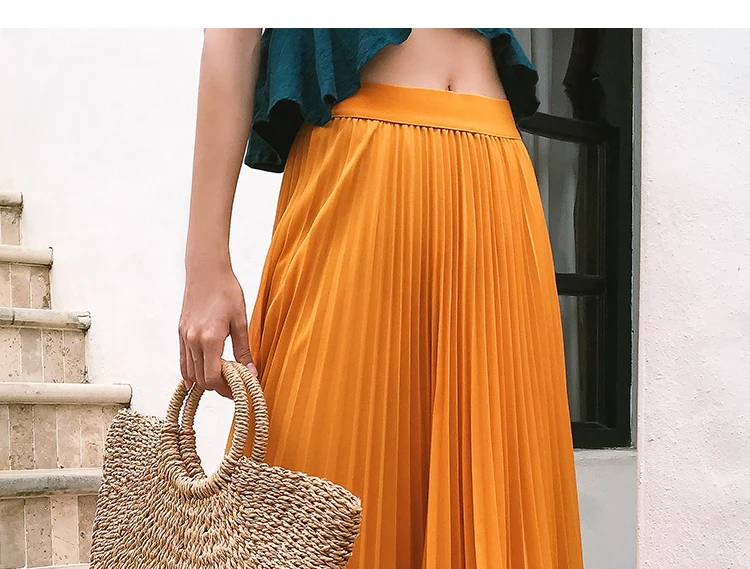 Summer Long Skirts Womens High Waist Vintage Boho Pleated Skirts Solid Color Chiffon Beach Maxi Skirt For Women Saia Faldas