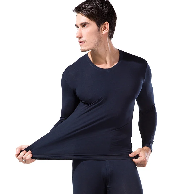 Navy Blue Feilibin, зимние мужские кальсоны, мужское нижнее белье, набор трусов и термика с длинным рукавом, простое мягкое Мужское нижнее белье с v-образным вырезом - Цвет: Navy Blue