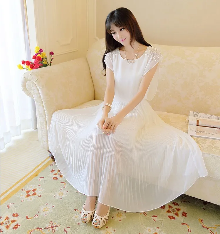 

Hot solid chiffon sleeveless women dress ankle-length beading dress elegant princess dress pleated lady dress
