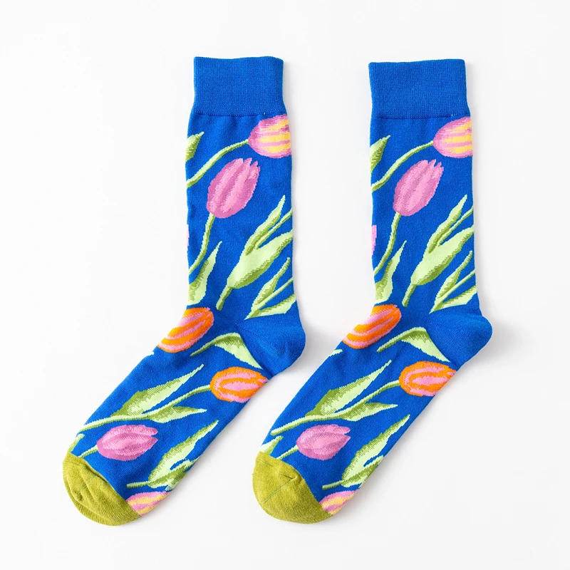 Tulips PEONFLY, мужские носки из чесаного хлопка, Harajuku, цветные, веселые, забавные, с медведем, рыбкой, длинные, теплые, нарядные носки для мужчин, для свадьбы, рождественский подарок - Цвет: Tulips