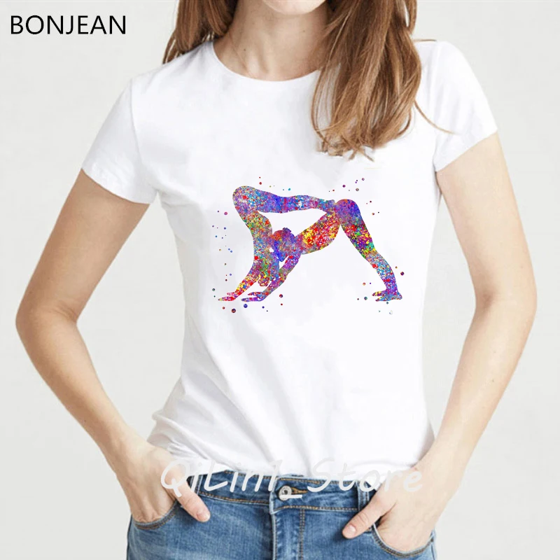 Футболка женская с акварельным принтом модная тенниска позы Йо-га забавная майка