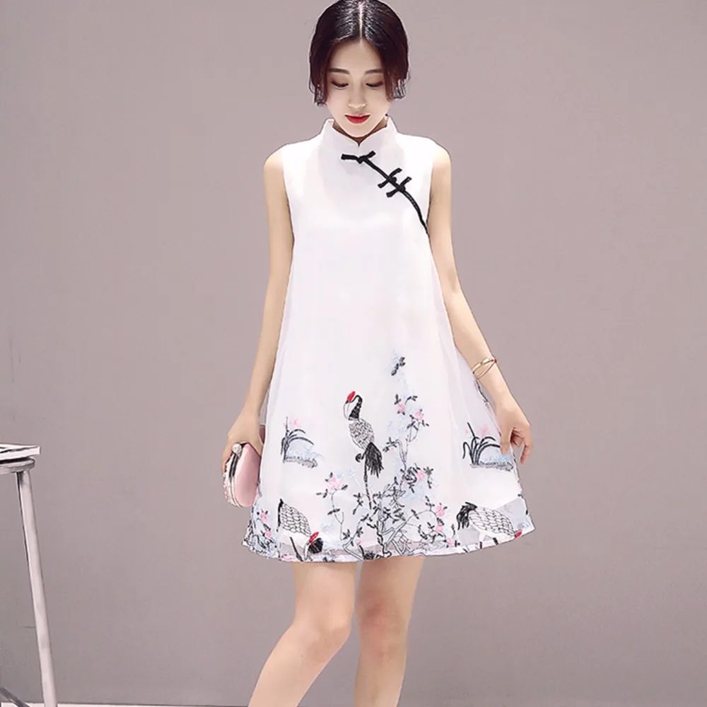 2018 Лето рукавов Cheongsam Qipao тонкий воротник пряжка китайский Стиль платье с