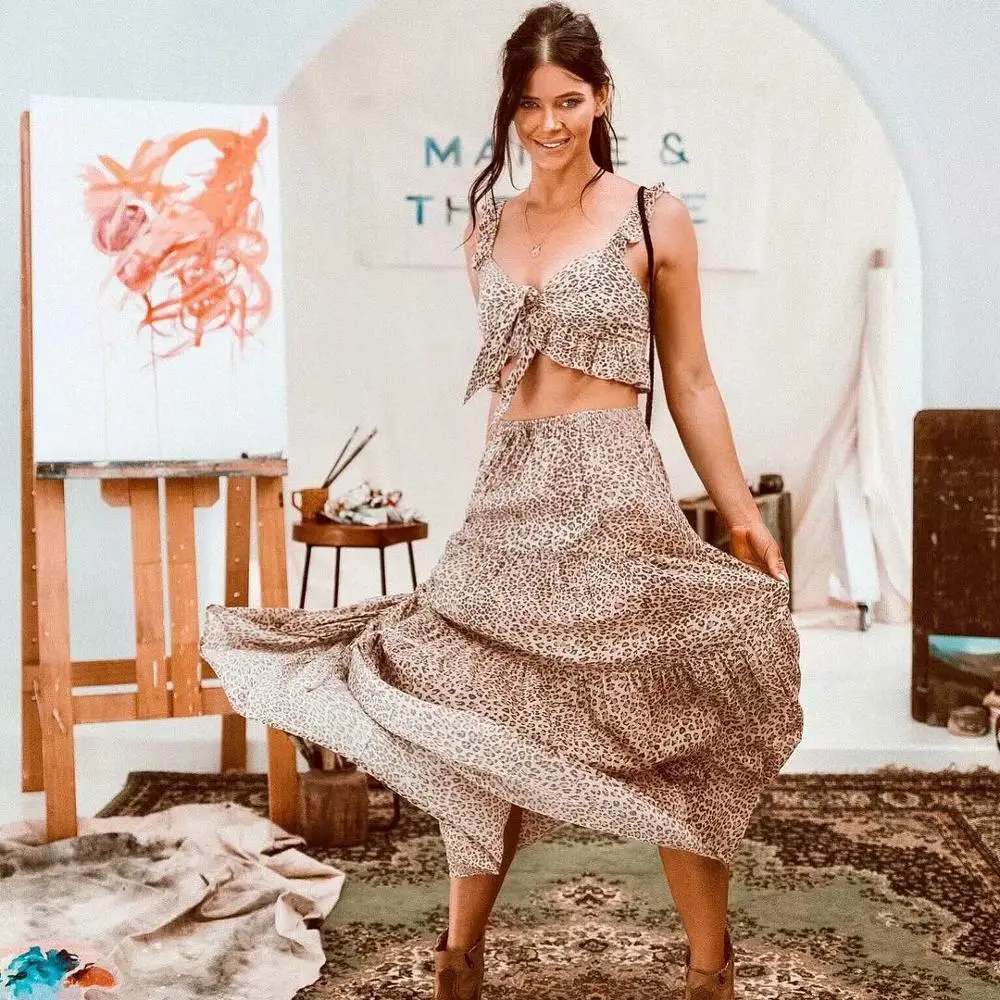 Женская длинная юбка макси с эластичной резинкой на талии топ рюшами комплект из