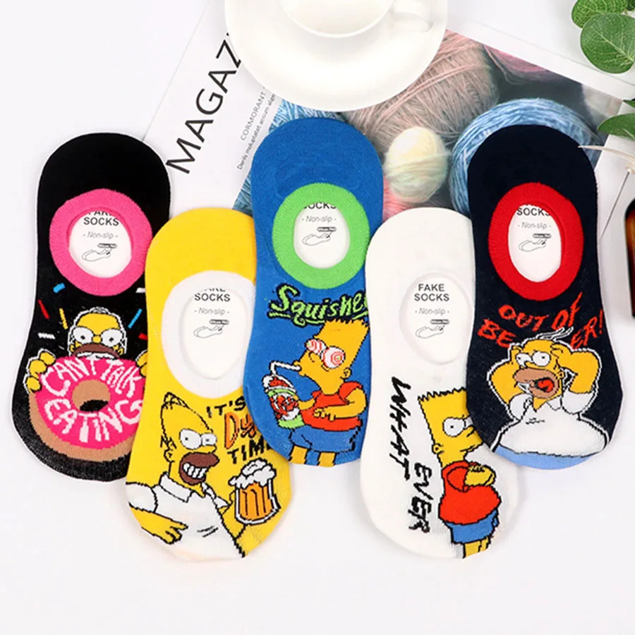 Забавные Женские носочки с героями мультфильмов Kawaii; Новинка; милые летние короткие носочки; носки с изображением Симпсонов для девочек-подростков; Нескользящие силиконовые носки