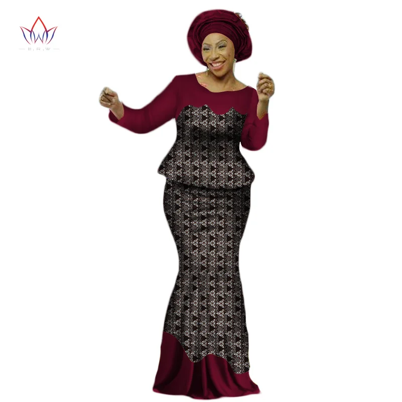 Africa Style Bazin Riche Dresses for Women Two Pieces Set Women Long Sleeve Tops and Long African Print Skirt Plus Size WY2454