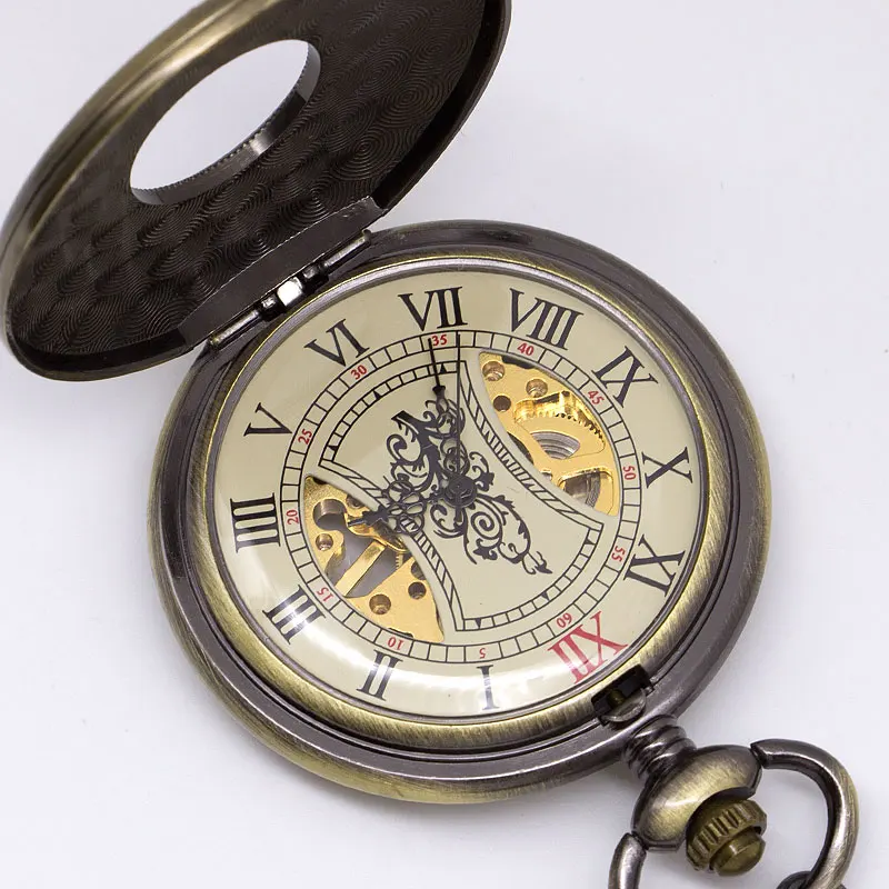 Bronze Mechanical Pocket Watch Solid Wood FOB Chain Roman Dial Hollow Steampunk Skeleton Mens Womens Clock Watches PJX1396