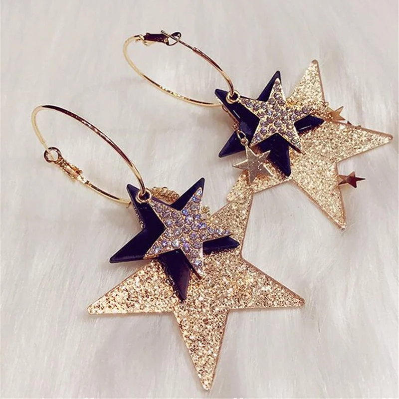 Korean Girl Cute Exaggeration Rhinestone Sequin Pentagram Star Tassel Big Circle Drop Earrings for Fashion Women Accessories | Украшения и