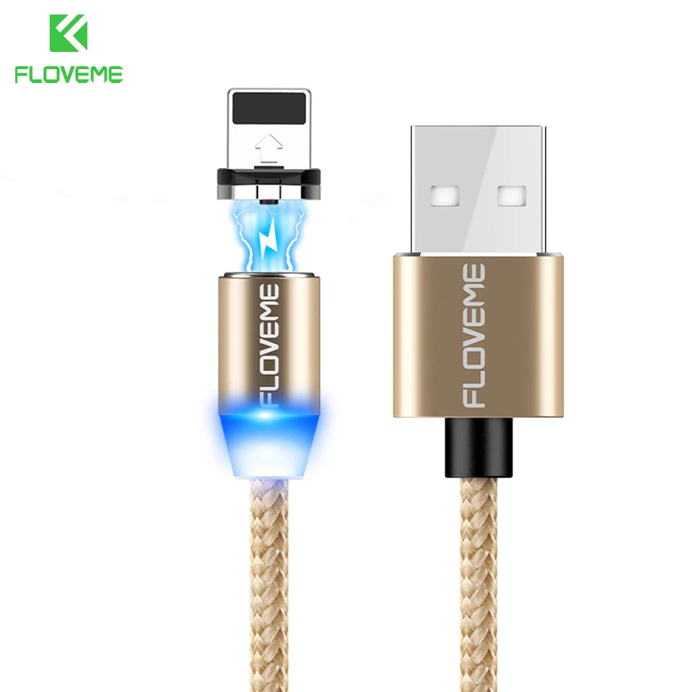 Gold FLOVEME Магнитный кабель 1 м плетеные мобильного светодио дный Тип C Магнит Micro USB Зарядное устройство кабель для Apple iPhone X 7 8 6 XR Xs Max Xs зарядное устройство магнитная зарядка usb кабель магнитный кабель - Цвет: Gold