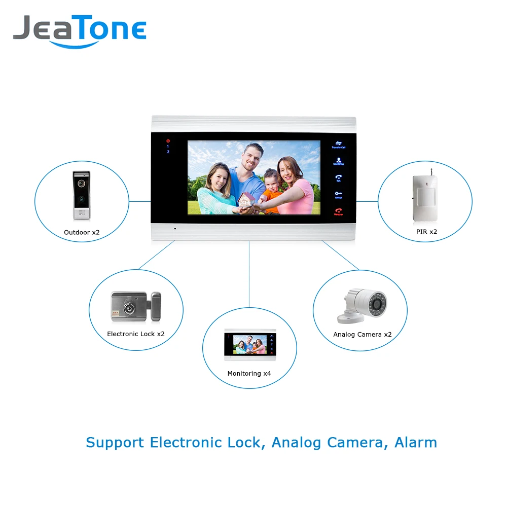 Видеодомофон JeaTone с экраном 7 дюймов 4 цвета монитор и 2 ИК камеры высокого
