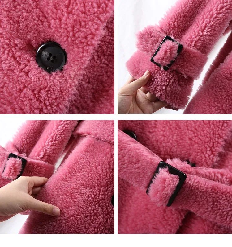 OFTBUY winter coat women windbreakers natural wool lamb fur sheepskin faux leather long trench coat Double-breast jacket