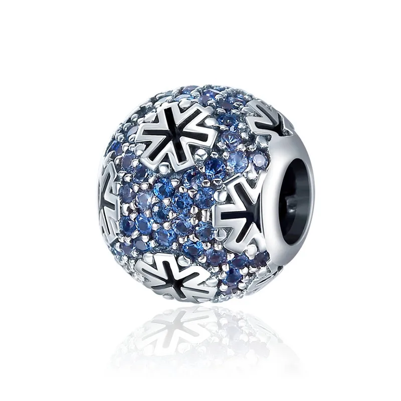 BISAER 925 Sterling Silver Blue CZ Winter Snowflake Crystal Beads for Women Jewelry Making Original Silver Charm Bracelet Gifts