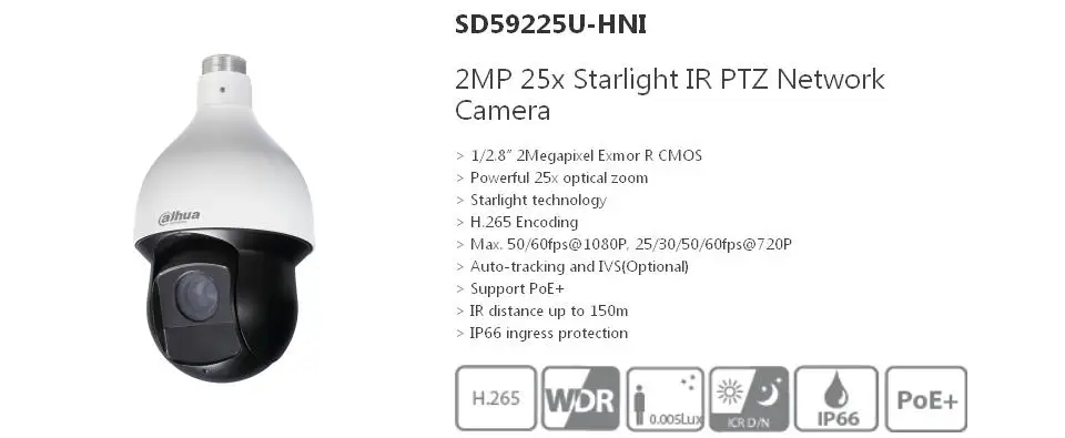 Dahua PTZ автоматического слежения и IVS smart SD59225U HNI 2MP H.265 PoE IR 150 м фокусным расстоянием 4