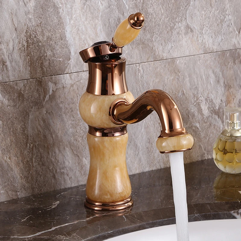 

Basin Faucets Bathroom Single handle Single Hole Faucet Mixer Tap Rose Gold Faucets Brass and Jade Sink Water Crane Silver taps