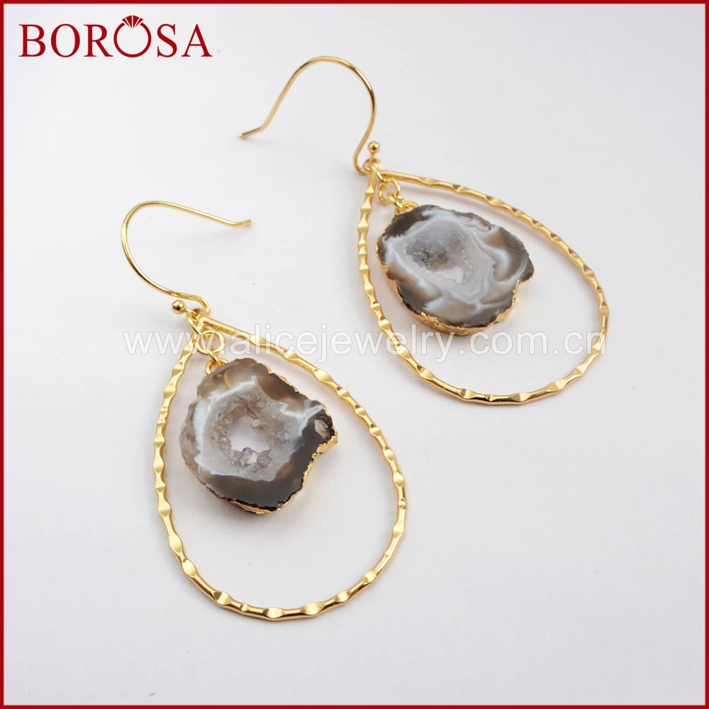 

BOROSA New Fashion Gold Color Druzy Jewelry Gig hook with Agates Druzy Slice Teardrop Earring For Women Dangle Earring G1581