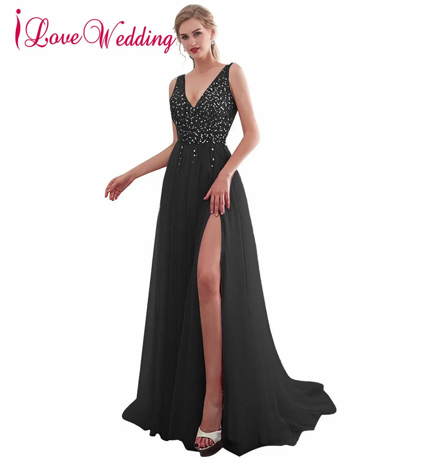 Новое поступление сексуальные платья выпускного вечера Длинные Vestidos De Festa глубокий v-образный вырез с открытой спиной бусины Кристалл Вечерние платья для приема выпускного вечера 30651 - Цвет: Черный