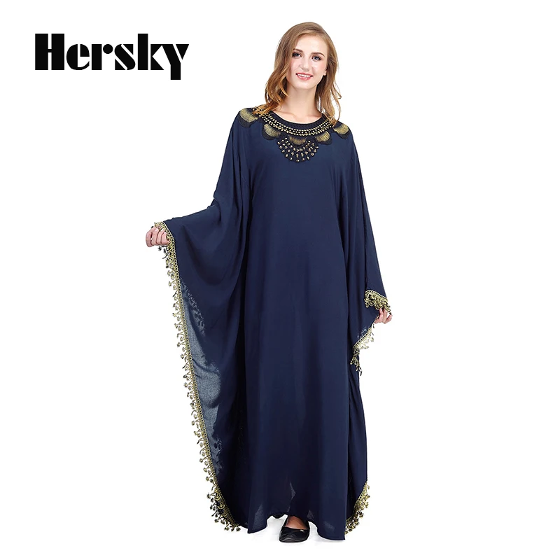 Middle East Dubai Loose Abaya Kaftan Turkish Muslim Embroidery Dress Islamic Women Bat Sleeve Navy Dresses Clothing Plus Size |