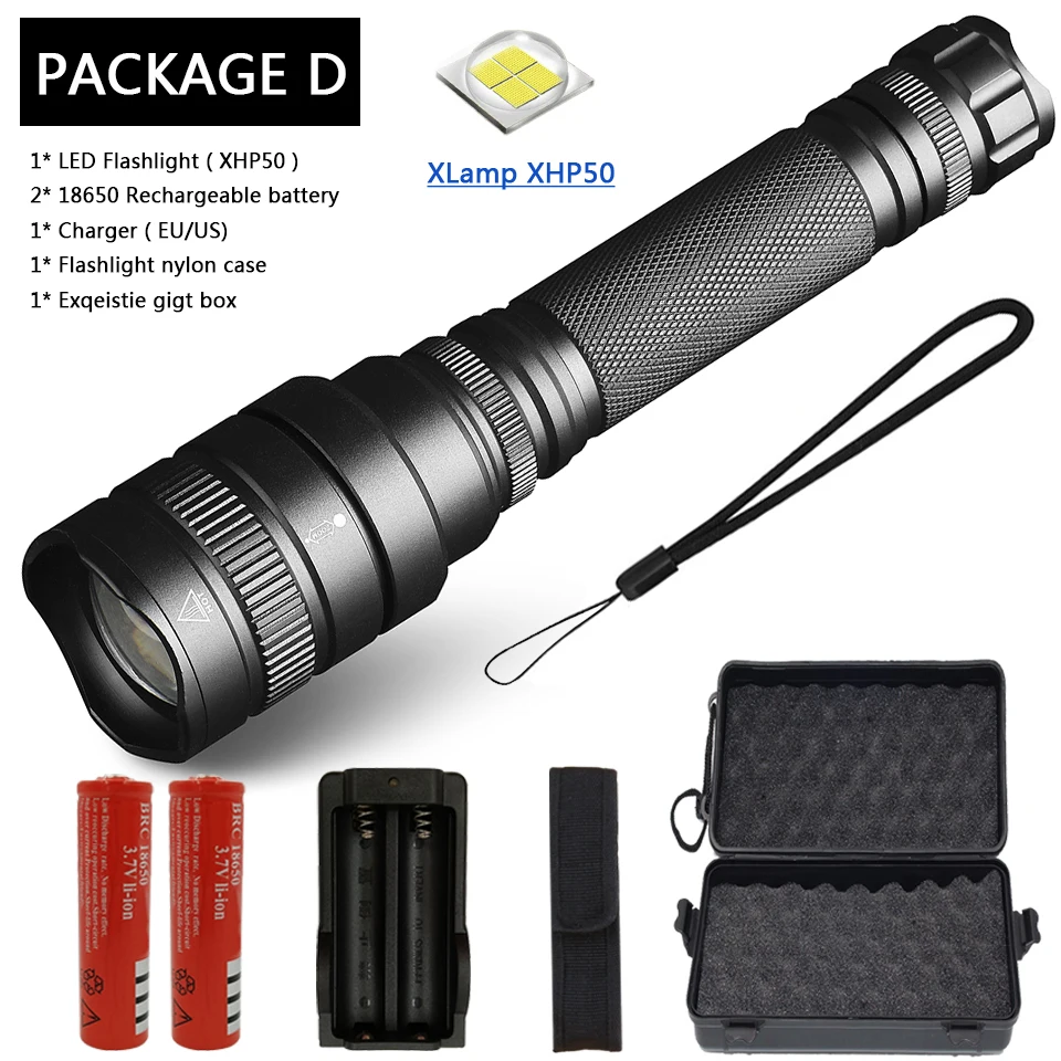 Package D CREE XLamp XHP70.2 XHP50 50000LM мощный светодиодный светильник-вспышка ультра яркий фонарь светильник 5 режимов переключения масштабируемый светильник 18650 батарея - Испускаемый цвет: Package D