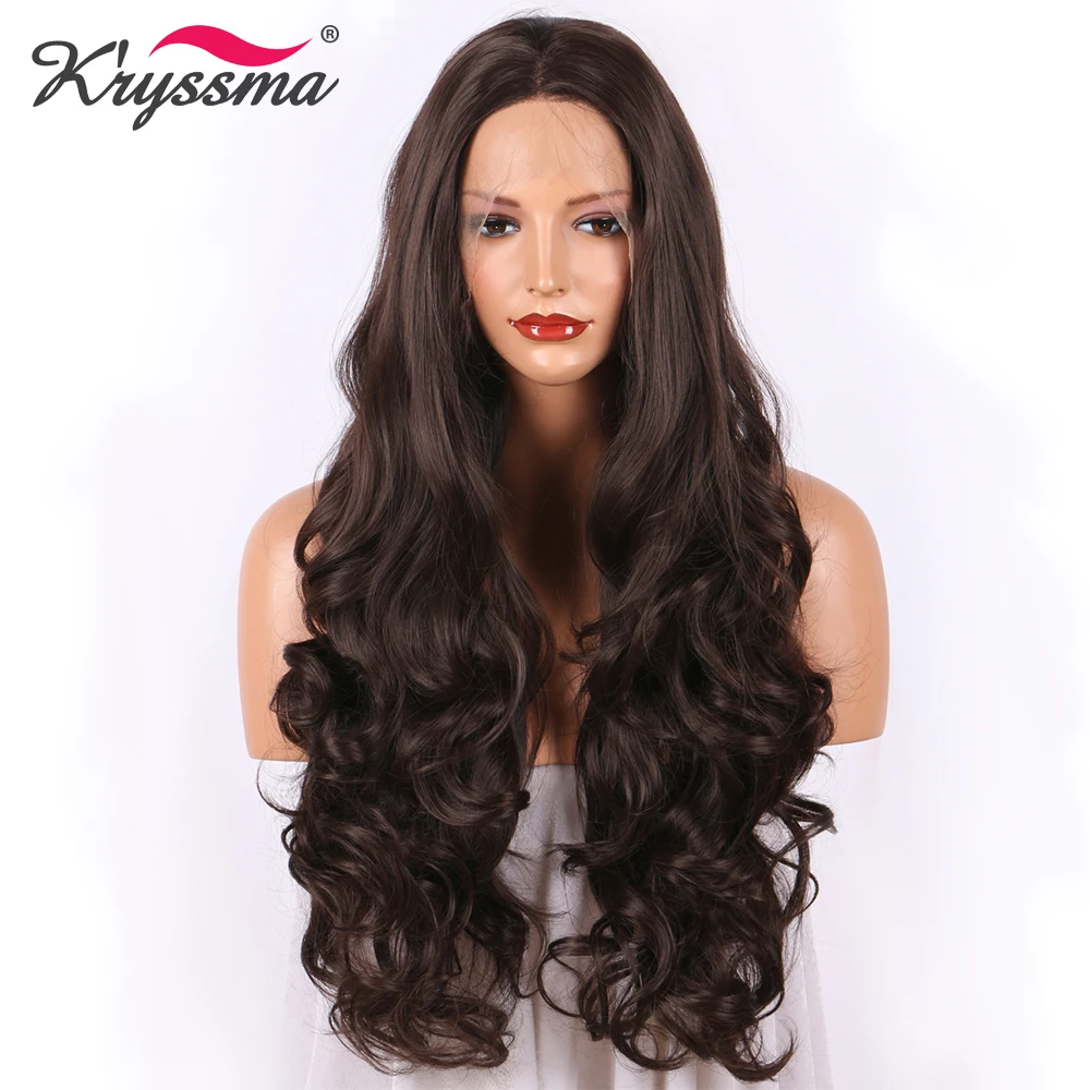 K'ryssma Dark Brown Synthetic Lace Front Wig Long Wavy Chestnut Wigs for Women With Baby Hair Glueless Natural Color Hair Wigs