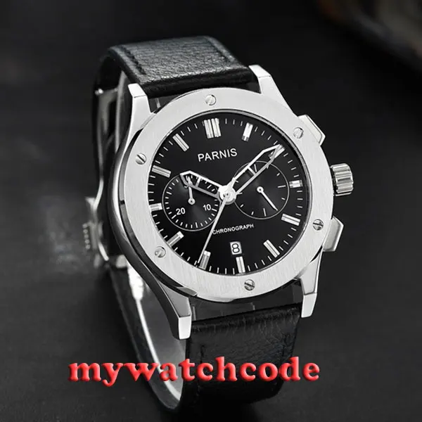 44mm parnis black dial date window quartz chronograph mens wrist watch P521 | Наручные часы