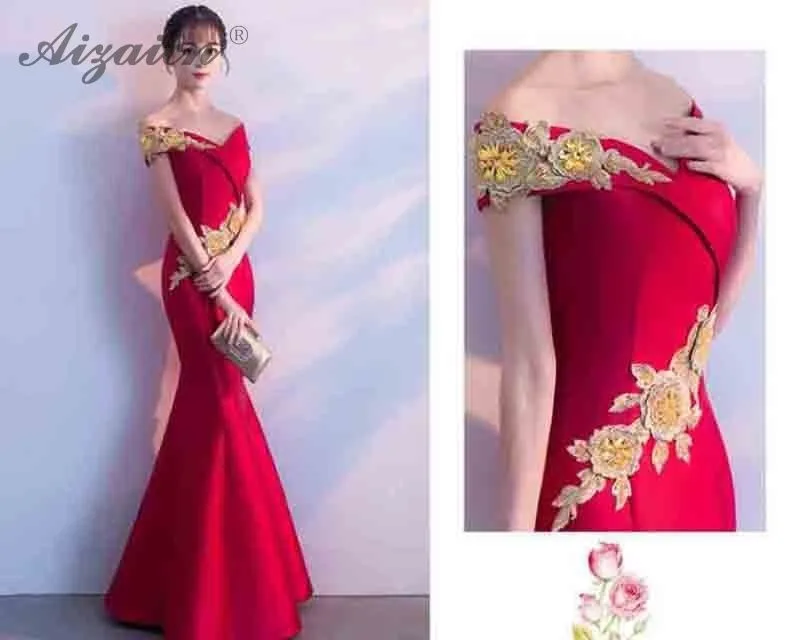 Модное платье без бретелек с вышивкой Cheongsam Красное длинное платье с хвостом русалки для Женщин Китайское свадебное платье халат Qi Pao хлопок