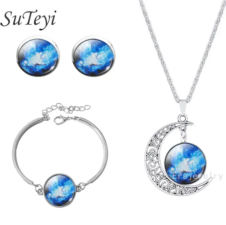 SM43 SUTEYI Star Галактическая Туманность цепочки и ожерелья комплект талисманы книги по искусству изображение кристалл серьги-гвоздики с подвеской s браслет наборы для - Окраска металла: SM43