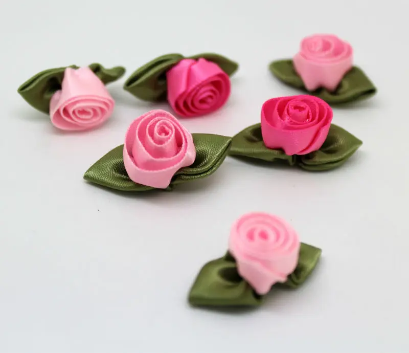 

200pcs 32mm Satin Ribbon Bows Paisley Flower Bud with Leaf Crafts Free Shipping