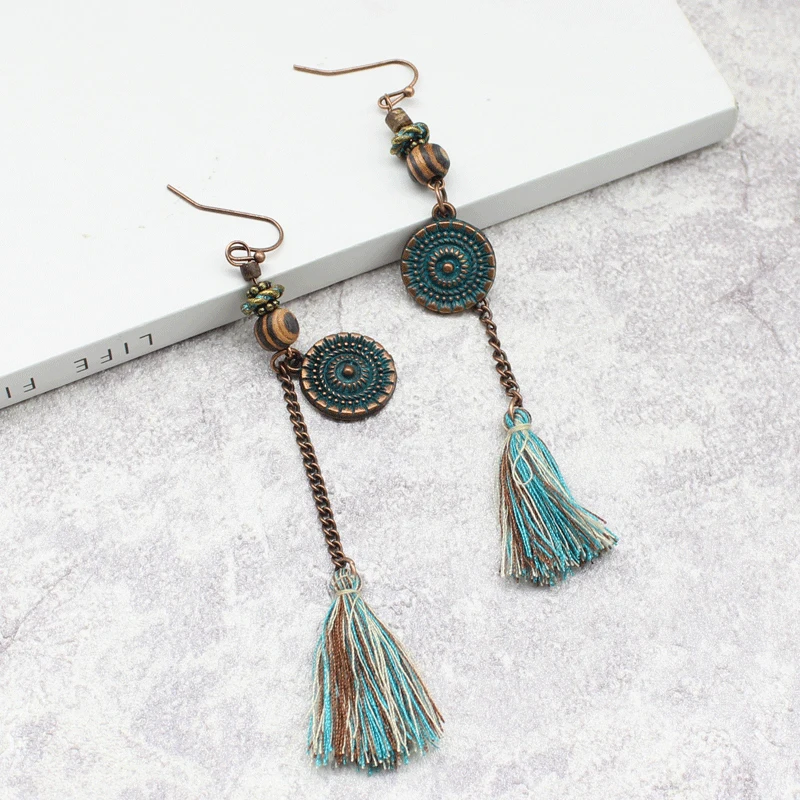 Retro Ethnic Green bronze Earrings Long Tassel Cotton thread Bohemian hook for Women Drop Fringed Earring | Украшения и